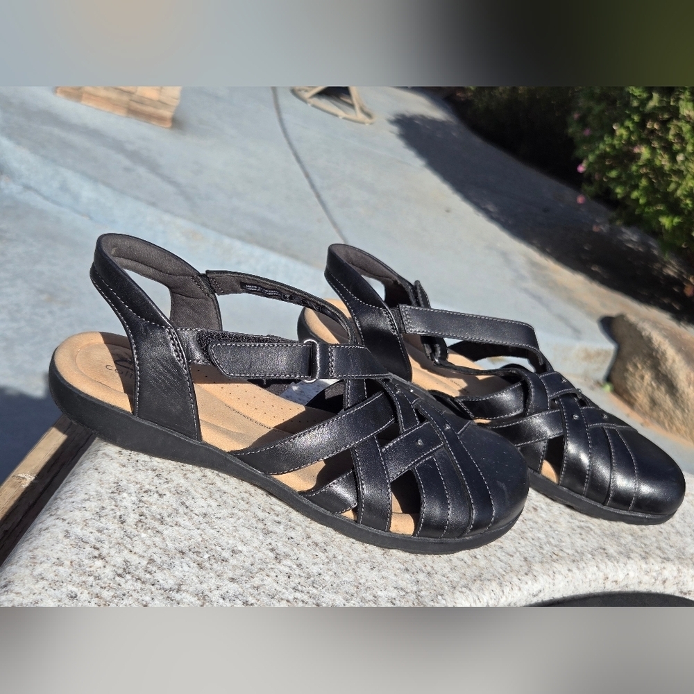 Clarks Collection Sz 9.5 Leather Fisherman Sandals Elizabelle Sea Black - Picture 4 of 15